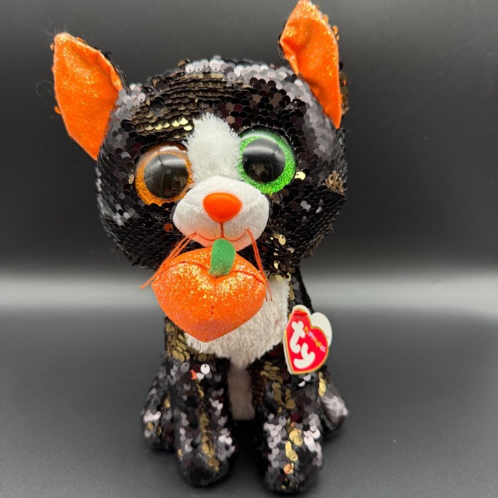 TY Flippables Jinx Plush Cat Stuffed Animal Toy Pumpkin Halloween Sequins